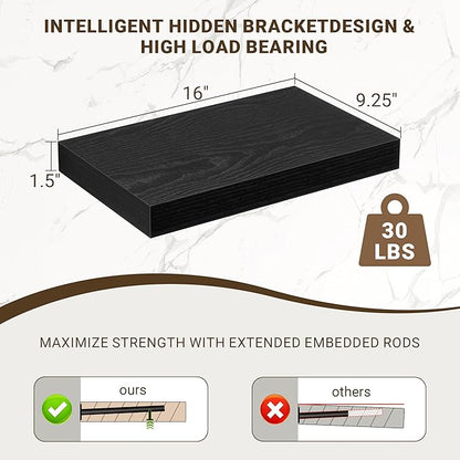 16 Inch Floating Shelves, 16"x9.25"x1.5" Inch Deep Floating Shelves for Wall, Wooden Shelves for Bathroom, Bedroom, Living Room, Black
