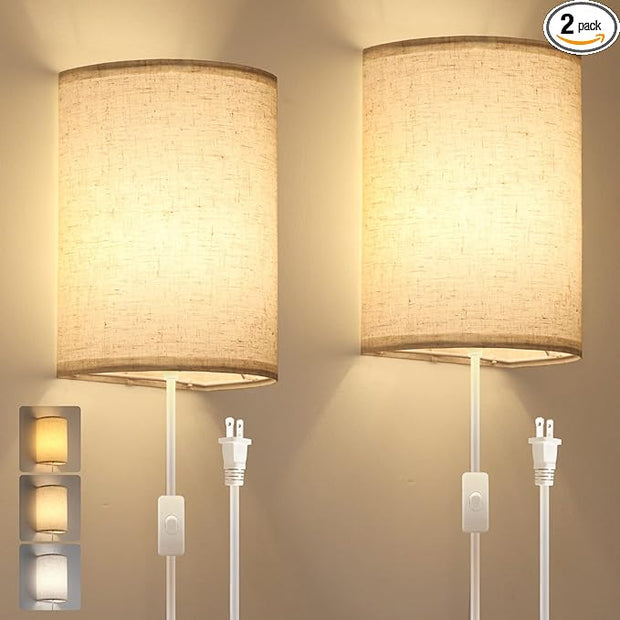 Plug in Wall Sconce, 3 Color Wall Sconces Set of Two, Industrial Lamp with Plug in Cord, Rustic Wall Sconce Fixture, On/Off Switch Vintage Wall Light Fixture for Headboard Bedroom Porch (Beige)