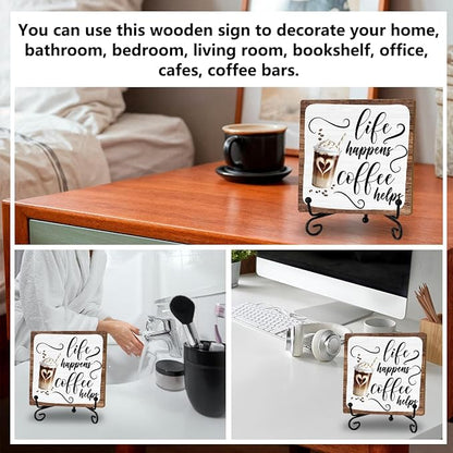 Coffee Lover Gifts for Women Men, Wooden Sign With Stand, Funny Coffee Bar Accessories for Farmhouse Home Kitchen Table, Table Decorations Supplies, Desk Shelf Cubicles for Bar Decoration Plaque Gifts