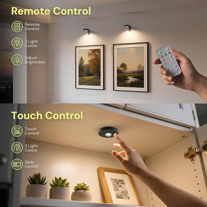 L LOHAS LED Black Wireless Picture Lights for Wall, 3 Pack Magnetic Rechargeable 1200mAh Battery Operated Picture Light with Remote & Timer, Dimmable 3CCT Art Light for Paintings, Frames, Gallery