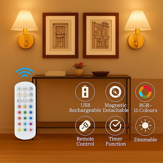 Cordless Wall Sconces Set of 2 with Remote — Gold Pleated Shades Cordless Rechargeable E26 Bulbs, 12 RGB Colors + 3000K/4000K/6000K, Dimmable Wall Mounted Lamps for Bedroom Living Room Hallway