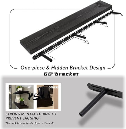 60 inch Black Floating Shelves for Wall 8 -inch deep Set of 2, Heavy Duty Solid Wood Wall Mounted Shelves for Living Room Kitchen with Thickened Hidden Bracket