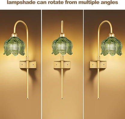 Glass Battery Operated Wall Sconces Set of Two,Wireless Flower Battery Wall Light with 5000mAh RGB Dimmable Bulb and Remote, Rechargeable Wall Lamp Sconce for Bedroom Living Room Hallway