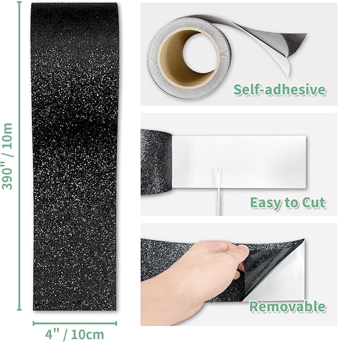 Peel and Stick Wallpaper Borders 390” x 4” Self Adhesive Mirror Frame Border Glitter DIY for Kitchen Bathroom Mirror Removal Border Sticker Wall Decor Cover 10.8 Sq.Ft, Black Glitter