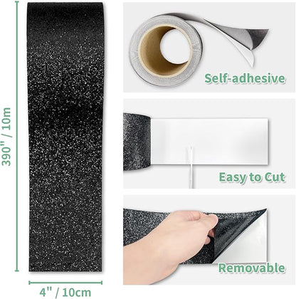Peel and Stick Wallpaper Borders 390” x 4” Self Adhesive Mirror Frame Border Glitter DIY for Kitchen Bathroom Mirror Removal Border Sticker Wall Decor Cover 10.8 Sq.Ft, Black Glitter