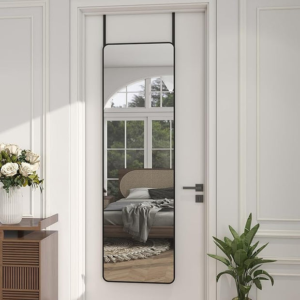Full Length Door Mirror 14x48, Metal Frame with Protective Film, No-Drilling Hanging or Wall Mount (Horizontal/Vertical), Hooks & Hardware Included, Full Body Mirror for Bedroom, Dorm, Black