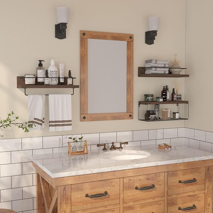 Bathroom Shelves Over Toilet for Wall, Floating Shelves with Storage Basket Paper Holer for Kitchen Living Room, Bedroom & Classroom, Set of 3 (Dark Brown)