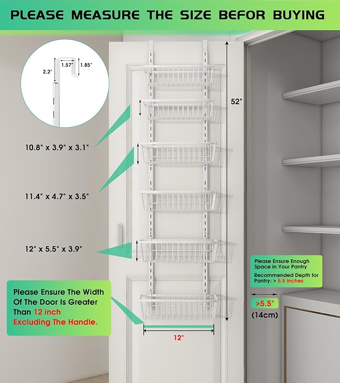 12 Inch Wide Narrow Over The Door Pantry Organizer, Pantry Organization and Storage, 6-Tier Metal Hanging Deep Basket Wall Spice Rack Seasoning Shelves, Home & Kitchen Essentials, White