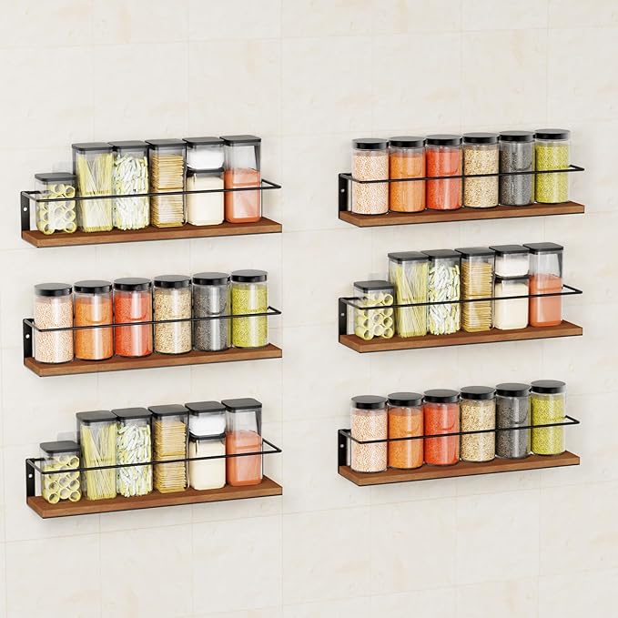 Spice Rack Self-Adhesive or drilling, Rustic Style Hanging Spice Rack, Spice Organization for Cabinet Door or Wall Mount, Over The Stove, Kitchen Wall, 6-Pack