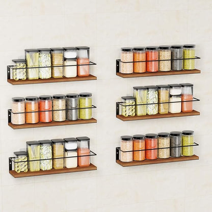 Spice Rack Self-Adhesive or drilling, Rustic Style Hanging Spice Rack, Spice Organization for Cabinet Door or Wall Mount, Over The Stove, Kitchen Wall, 6-Pack