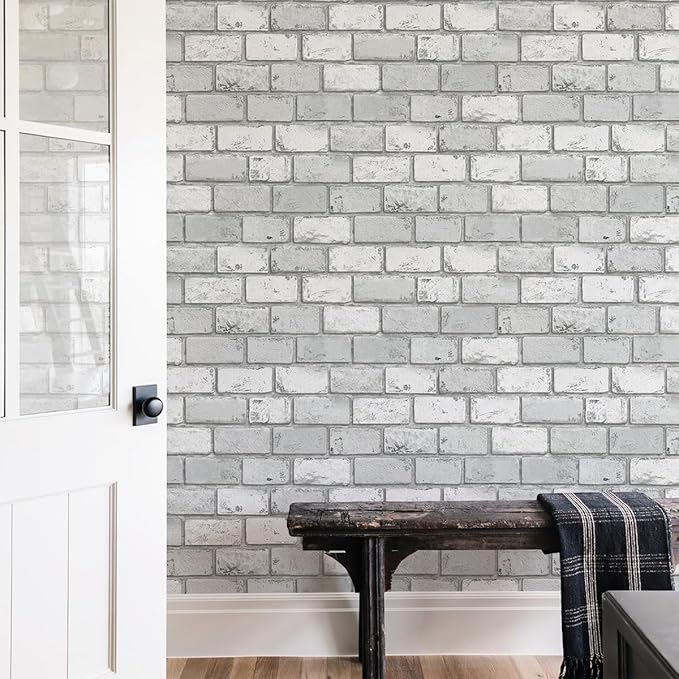 GaliGali White and Silver Brick Wallpaper, Peel and Stick Wallpaper, Self-Adhesive Classic Antique Texture Rock Wall Paper, Removable Contact Paper for Home Decoration 17.3