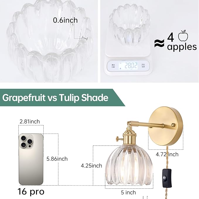 Plug in Wall Sconce, Transparent Tulip Glass Lampshade Wall Light Plugin Corded for Bedside Bedroom Doorway