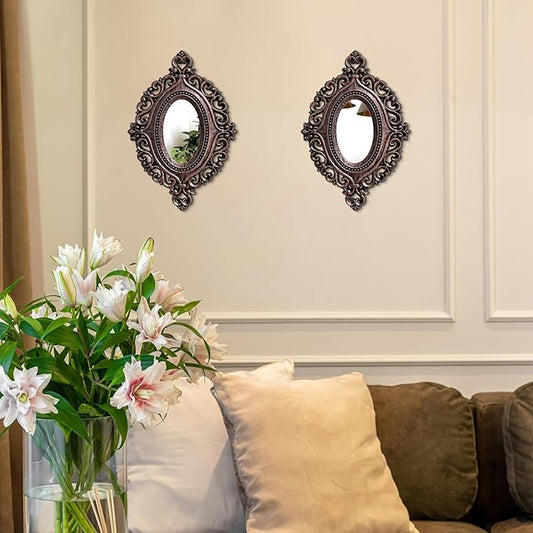 Cityelf 2 Set Oval Wood Carved Wall Mirror Baroque 3D Relief Rustic Home Decor Small Decorative Hanging Mirrors for Living Room, Bedroom Entrance Wall Sculpture