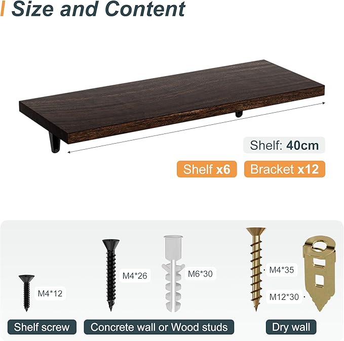 SKYSEN Floating Shelves for Wall Set of 6, 15.7in Wood Wall Shelf for Decor, Bathroom, Bedroom, Storage, Book,Kitchen, Living Room - Dark Brown(fs-40-d)