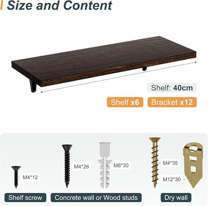SKYSEN Floating Shelves for Wall Set of 6, 15.7in Wood Wall Shelf for Decor, Bathroom, Bedroom, Storage, Book,Kitchen, Living Room - Dark Brown(fs-40-d)