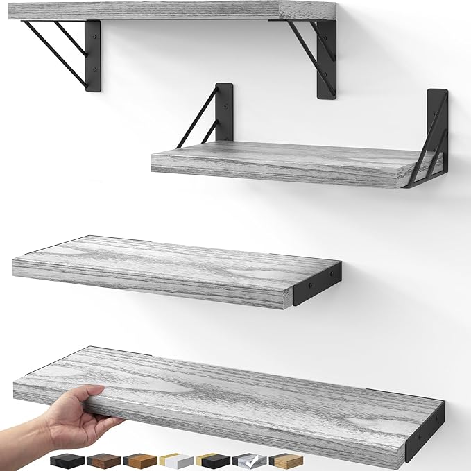 BAYKA Wall Shelves for Bedroom Decor, Floating Shelves for Living Room Kitchen Storage, Wall Mounted Rustic Wood Floating Shelves for Kids Books, Corner Shelf for Bathroom(Gray White，Set of 4)
