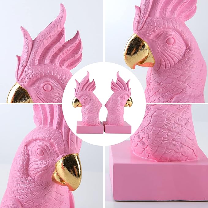 Pink Parrot Decorative Bookends,Set of 2 Cute Bird Animal Sculpture Book Ends to Hold Hevay Duty Books,Unique Resin Statues Book Stopper for Home Office Desk Bookshelf Decor
