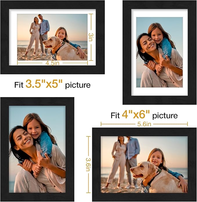 Vittanly 4x6 Picture Frame Set of 4, Display Pictures 3.5x5 with Mat or 4x6 without Mat, Engineered Wood with Shatter Resistant Plexiglass, Small Photo Frames for Wall or Tabletop Display, Black