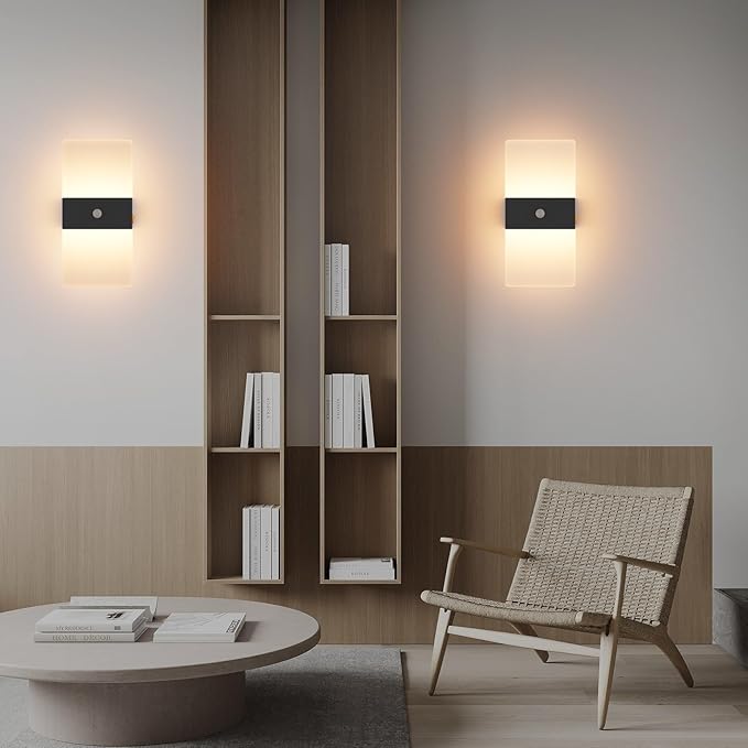 Wireless Motion Sensor Indoor Wall Sconces Set of 2, Morden Battery Acrylic LED Wall Lantern, Cordless Decorative Wall Lamps for Porch Patio Hallway Bedroom Living Room(Black)