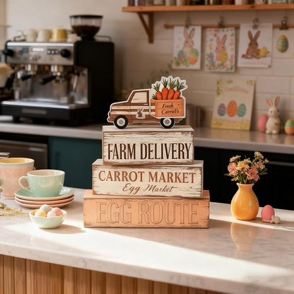 Easter Decorations - Farm Delivery Easter Truck Tiered Tray Decor - Wooden Farmhouse Easter Tabletop Sign with Carrots & Eggs - Rustic Spring Home Decor for Shelf Mantel Kitchen - Spring Home Decor for Living Room, Kitchen Counter