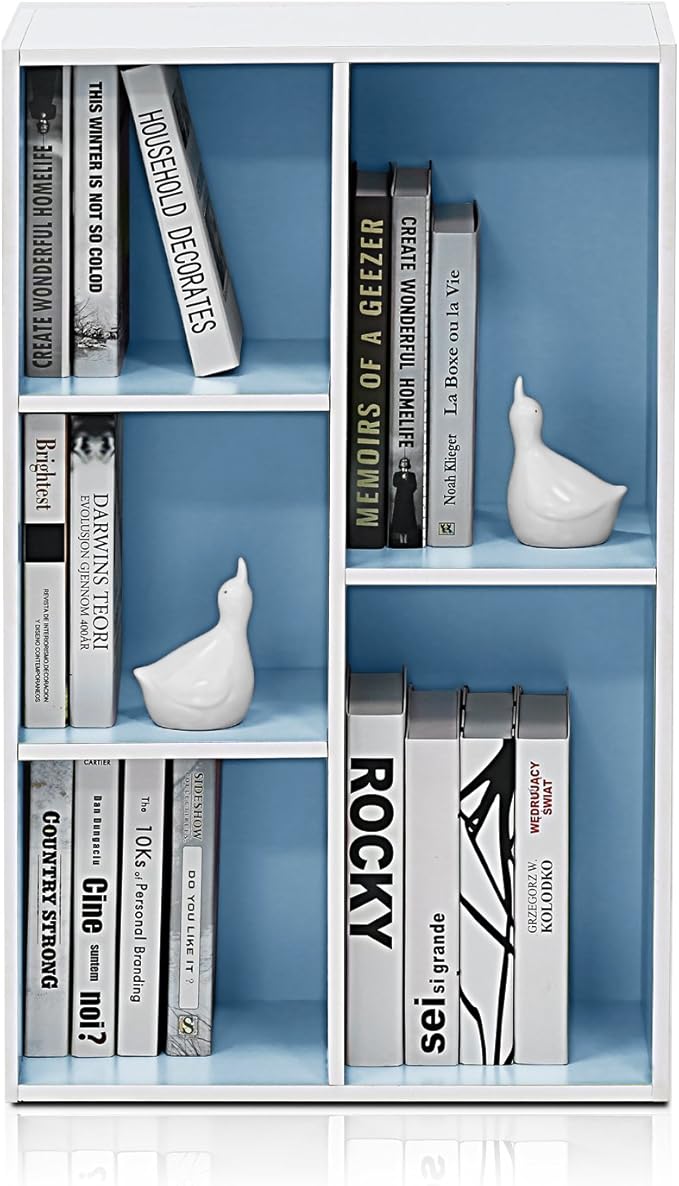 Furinno LUDER Book Shelf, 5-Cube Bookshelf, Reversible Bookcase, 9.4 x 19.5 x 31.5, for Living Room, Bedroom, Home Office, White/Light Blue