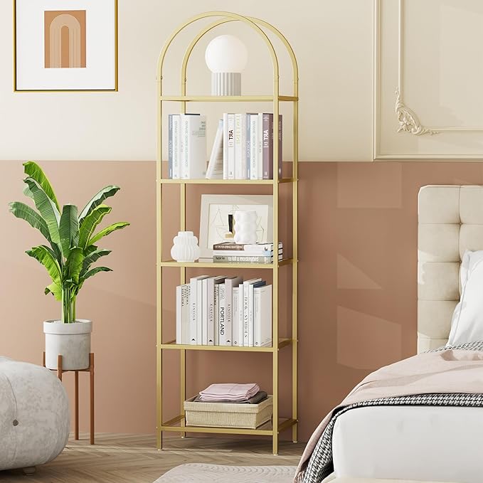 Homhedy Bookshelf Arched Display Racks,Metal Bookcase,Tempered Glass Shelves,Storage Rack Shelf for Home Office,Living Room,Bedroom, Bathroom,Modern Style (Golden, 11.8