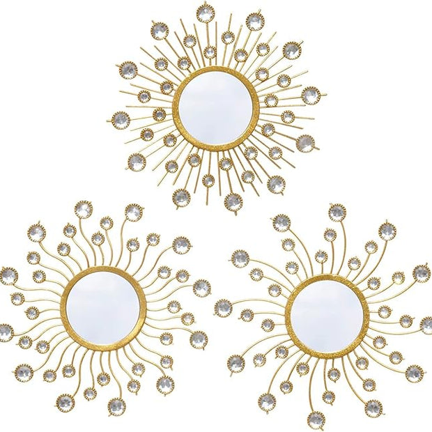 Mirror Wall Decor Wall Mirrors Decorative Sunburst Boho Mirror Gold Mirror Wall Art Metal Decor Mirror Hanging Living Room Bedroom Bathroom Set of 3