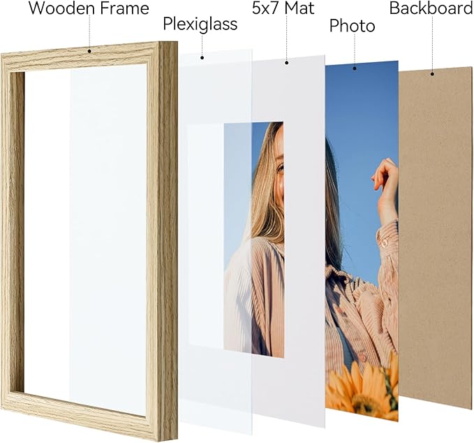 Vittanly 8x10 Picture Frame Set of 4, Display Pictures 5x7 with Mat or 8x10 without Mat, Engineered Wood with Shatter Resistant Plexiglass, Wall Gallery Photo Frames for Wall or Tabletop, Natural