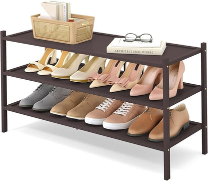 Smiry Bamboo Long Shoe Rack, 3 Tier Shoe Organizer for Entryway & Closet, Stackable Free Standing Storage Shelf for Shoes, Bags & Plants, Brown