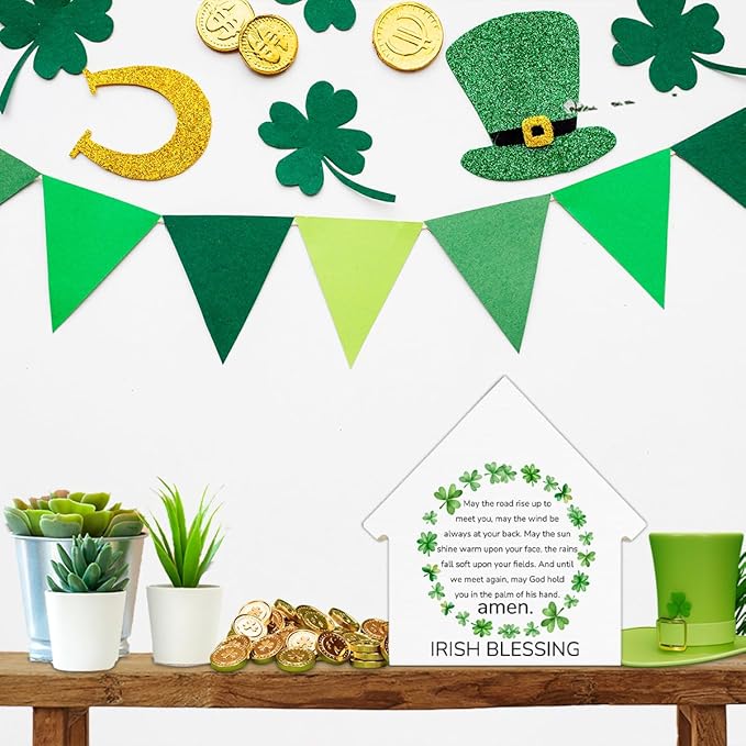 Irish Blessing Decor, St. Patrick's Day Decorations, Irish Gifts, Shamrock House Shaped Wood Block Sign, Home Decor for Desk Table Shelf, St Patricks Day Decorations