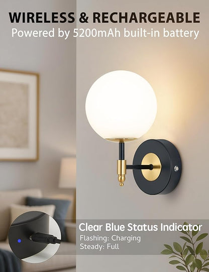 Battery Operated Wall Sconces Set of 2, Glass Globe Wireless Lights with Remote & Touch Control, Rechargeable Black & Gold Sconce, 3 Color Dimmable Ambient Lighting for Bedroom Living Room