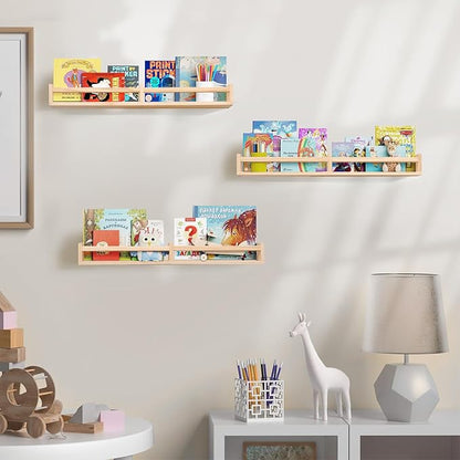 Nursry Shelves 32 inches Set of 3,Wood Floating Nursery Book Shelves for Wall,Wall Bookshelves for Kids,Transform Your Nursery into a Safe & Stylish Haven with Natural Wood Floating Shelves.
