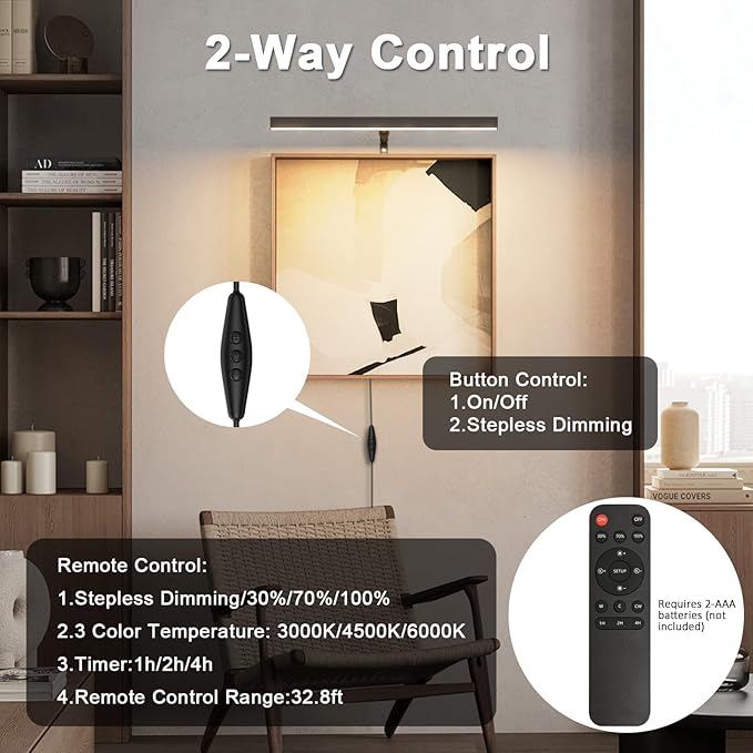 Plug in Picture Lights for Wall, 16 inch Dimmable LED Art Light with Remote, 3 Colour Temperature Gallery Painting Wall Light for Picture Display Dartboard Art Work (Black)