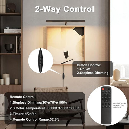 Plug in Picture Lights for Wall, 16 inch Dimmable LED Art Light with Remote, 3 Colour Temperature Gallery Painting Wall Light for Picture Display Dartboard Art Work (Black)