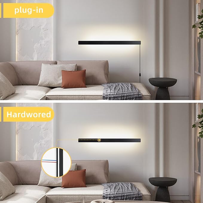 Modern Plug in Wall Lights, 31.4 inch Frosted Black LED Long Wall Sconce, 16W Warm White 3000K Acrylic Indoor Wall lamp,with 59