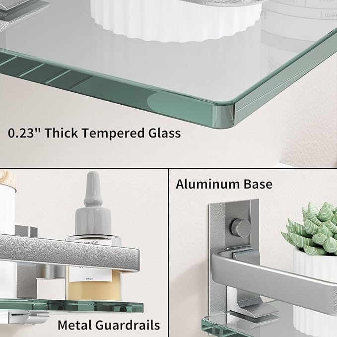 Danpoo Clear Tempered Glass Wall Shelf, Wall-Mounted Organizer for Bathroom, Kitchen(Matte Silver)