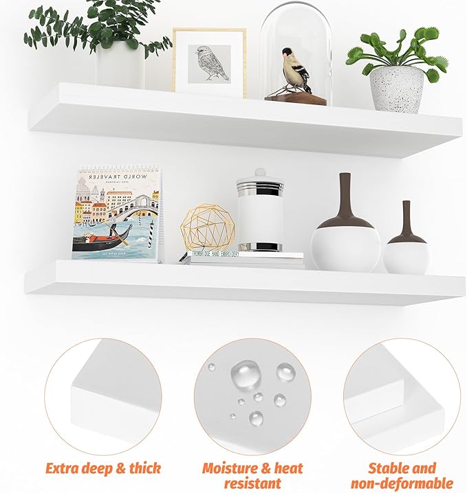 Floating Shelves (Set of 2) – Wall Mounted Shelves for Home Décor and Storage, Natural Pine Wood, Suitable for Living Room and Bedroom (White, 23.6