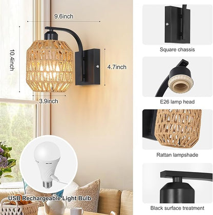 Black Rechargeable Battery Operated Wall Sconces Set of 2 with Remote, Boho Rattan Wireless Dimmable Battery Powered Wall Lights, Cordless Wall Lamp Lighting Fixture for Bedroom Living Room
