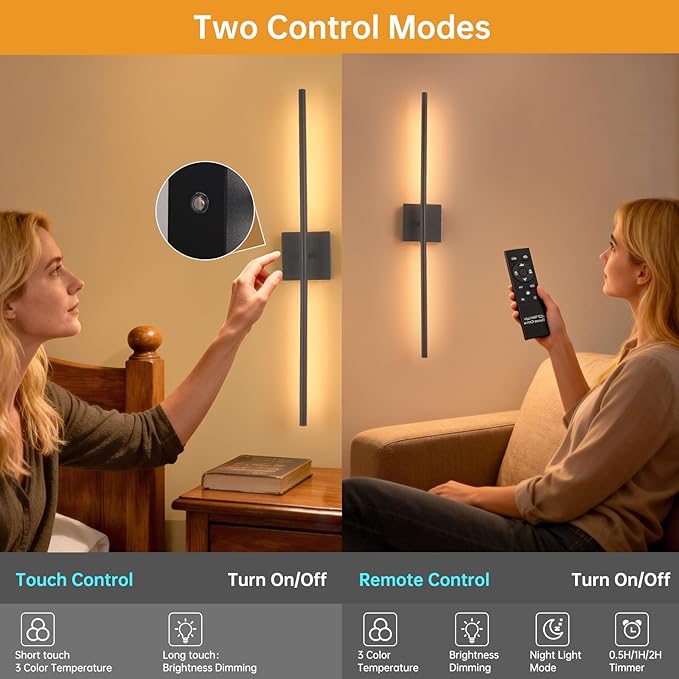 Battery Operated Wall Sconce Set of 2, 10400mAh Rechargeable Wall Lights, 3000K-6000K Dimmable, 350°Rotate, Indoor Wall Sconces with Remote for Bedroom Living Room Bathroom, Black, 31.5 Inch