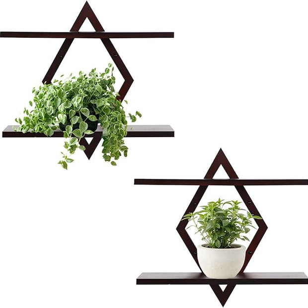 Floating Shelves for Wall,Decorative Wall Shelf,2 Tier Hanging Shelf for Plants Storage Display Holder,Indoor Decor for Living Room Home Office Bathroom Bedroom,Solid Wood,Diamond Shaped,2 Pack,Walnut