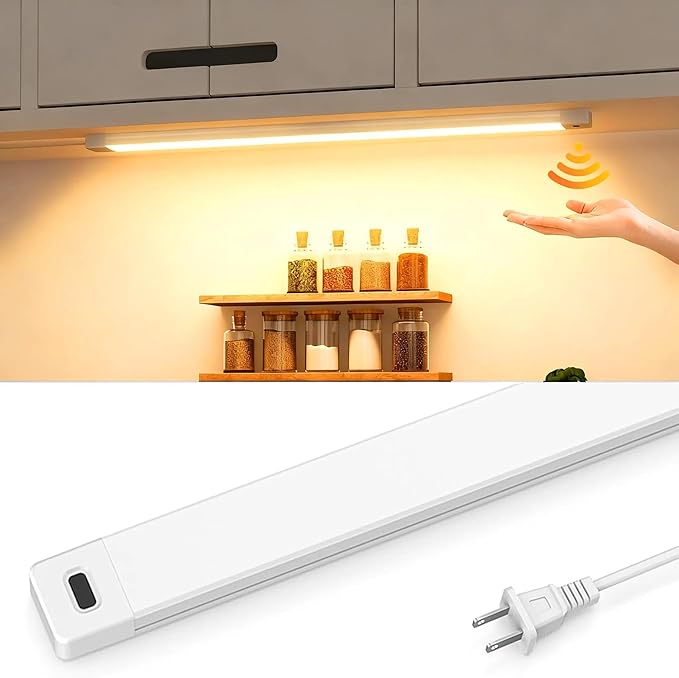 MYPLUS 16 Inch Under Cabinet Lights with Hand Wave, Under Counter Lighting 3000K Warm White,Dimmable,Plug and Play,LED Lights for Kitchen Cabinet, Cupboard, Closet, Desk