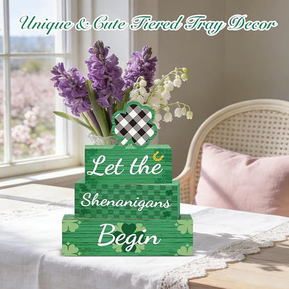 4 Pcs St Patricks Day Decorations for Home St. Patricks Day Tiered Tray Decor Let The Shenanigans Begin Sign Farmhouse Decor for Home Office Kitchen Shelf Tabletop Centerpieces