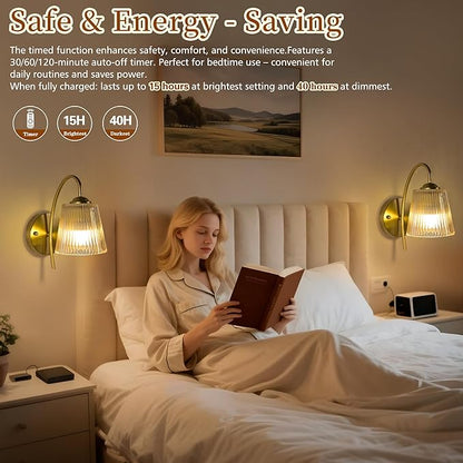 Vintage Battery Wall Sconce with Flower lampshade,Rechargeable Battery Powered Wall Lights,Wall lamp with 15 Colors for Bedroom Living Room Home Decor (Amber Stripe, 2 Light Battery Operated)