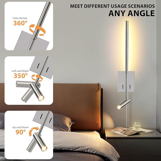 ZEROUNO Modern Plug in Wall Sconce Mounted Wall Reading Light, Corded Brushed Nickel Wall Sconce with On Off Switch, Art Deco Wall Mount Bedside Lamp for Bedroom Living Room Corner etc.