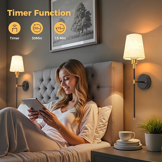 DORESshop Battery Operated Wall Sconce Set of 2, 7 Color Wireless Wall Light Easy to Install, Sconce Wall Decor Set of 2 for Bedroom, Living Room, Fabric Linen Shade, Gold and Black, 24.6in