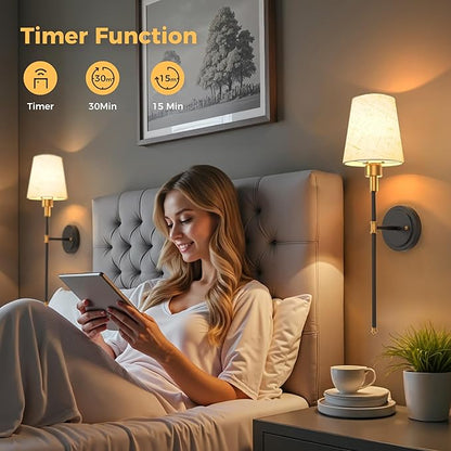 DORESshop Battery Operated Wall Sconce Set of 2, 7 Color Wireless Wall Light Easy to Install, Sconce Wall Decor Set of 2 for Bedroom, Living Room, Fabric Linen Shade, Gold and Black, 24.6in