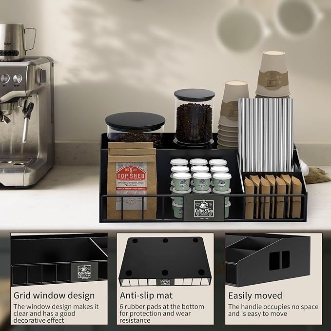 Metal Coffee Station Organizer for Countertop, 2-Pcs Coffee Bar Organizer with Designable DIY Logo, K Cup Pods Holder & Tea Condiment Storage - Rustic Breakroom Kitchen Decor Balck