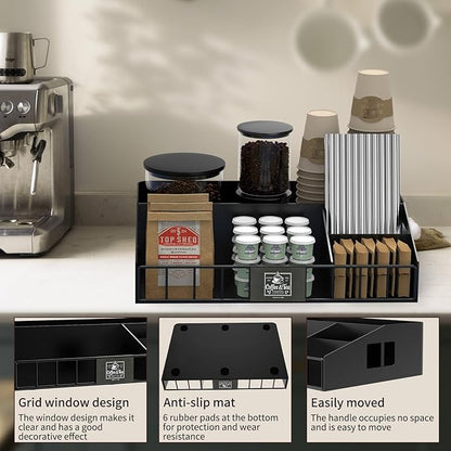 Metal Coffee Station Organizer for Countertop, 2-Pcs Coffee Bar Organizer with Designable DIY Logo, K Cup Pods Holder & Tea Condiment Storage - Rustic Breakroom Kitchen Decor Balck