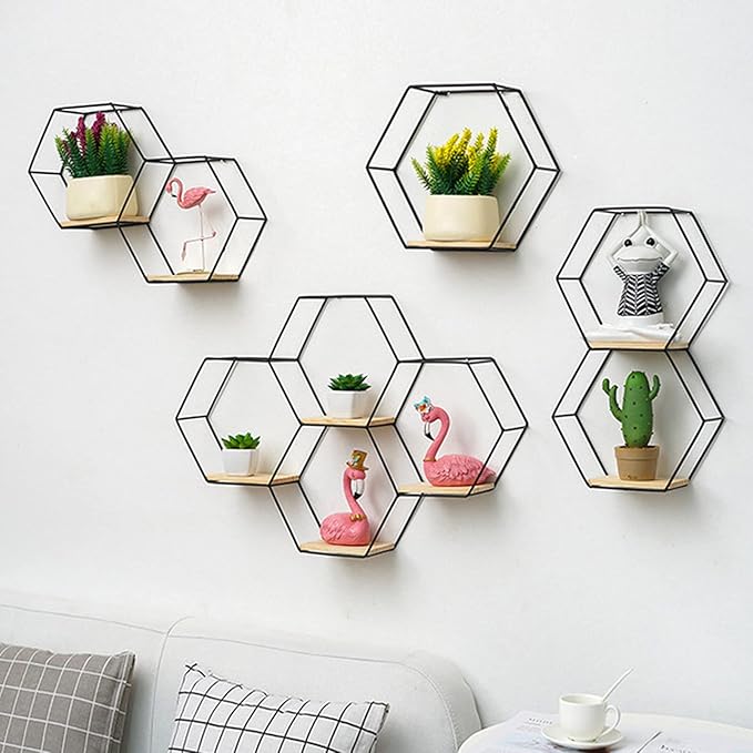 Hexagon Floating Wood Book Shelves, Iron Storage Holder Wall-Mounted Multifunctional Nordic Style Geometric Firm Hexagonal Shelf for Home Bedroom Bathroom Black L1