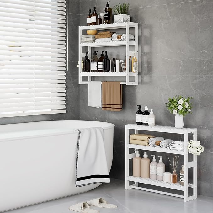 RRX Bathroom Shelf Storage Organizer, Bathroom Shelf 3-Tier Adjustable Layer Bamboo Organizer with Bar,Hanging, Freestanding Over Toilet Utility Shelves,White